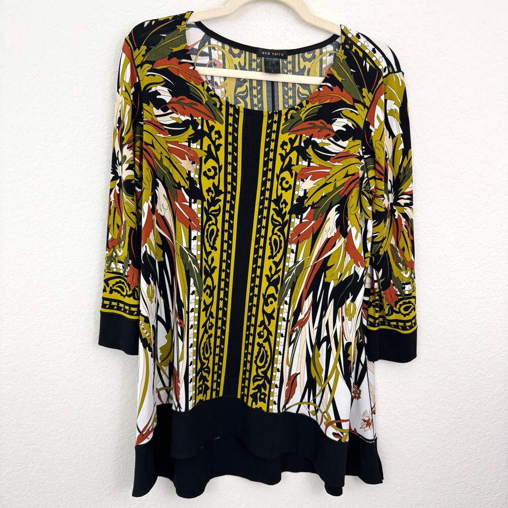 Eva Varro Womens Tunic Top Blouse Size L Artsy Creative Leaf Office Black